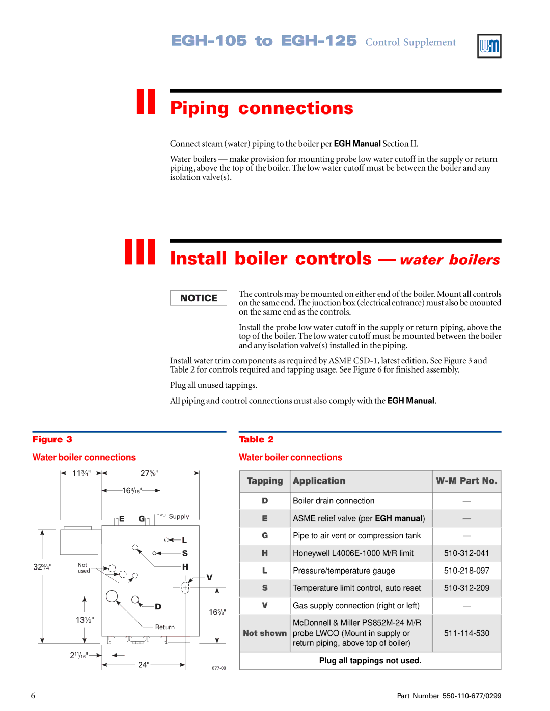 Weil-McLain EGH-105, EGH-125 II Piping connections, III Install boiler controls water boilers, Water boiler connections 