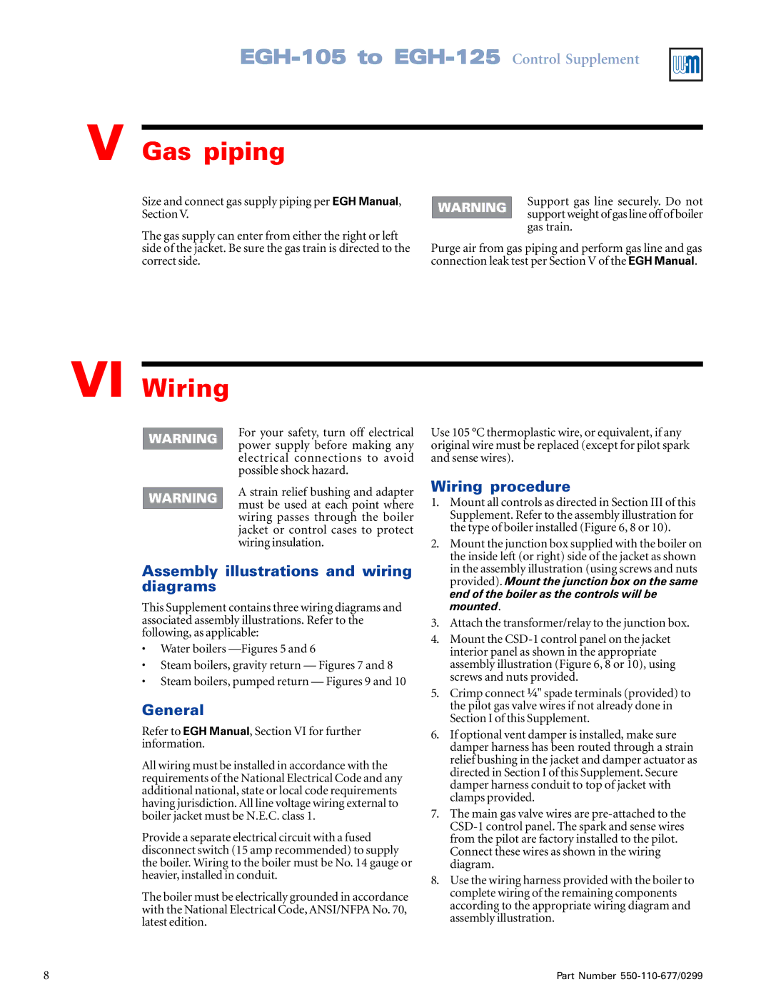 Weil-McLain EGH-105, EGH-125 manual Gas piping, VI Wiring 