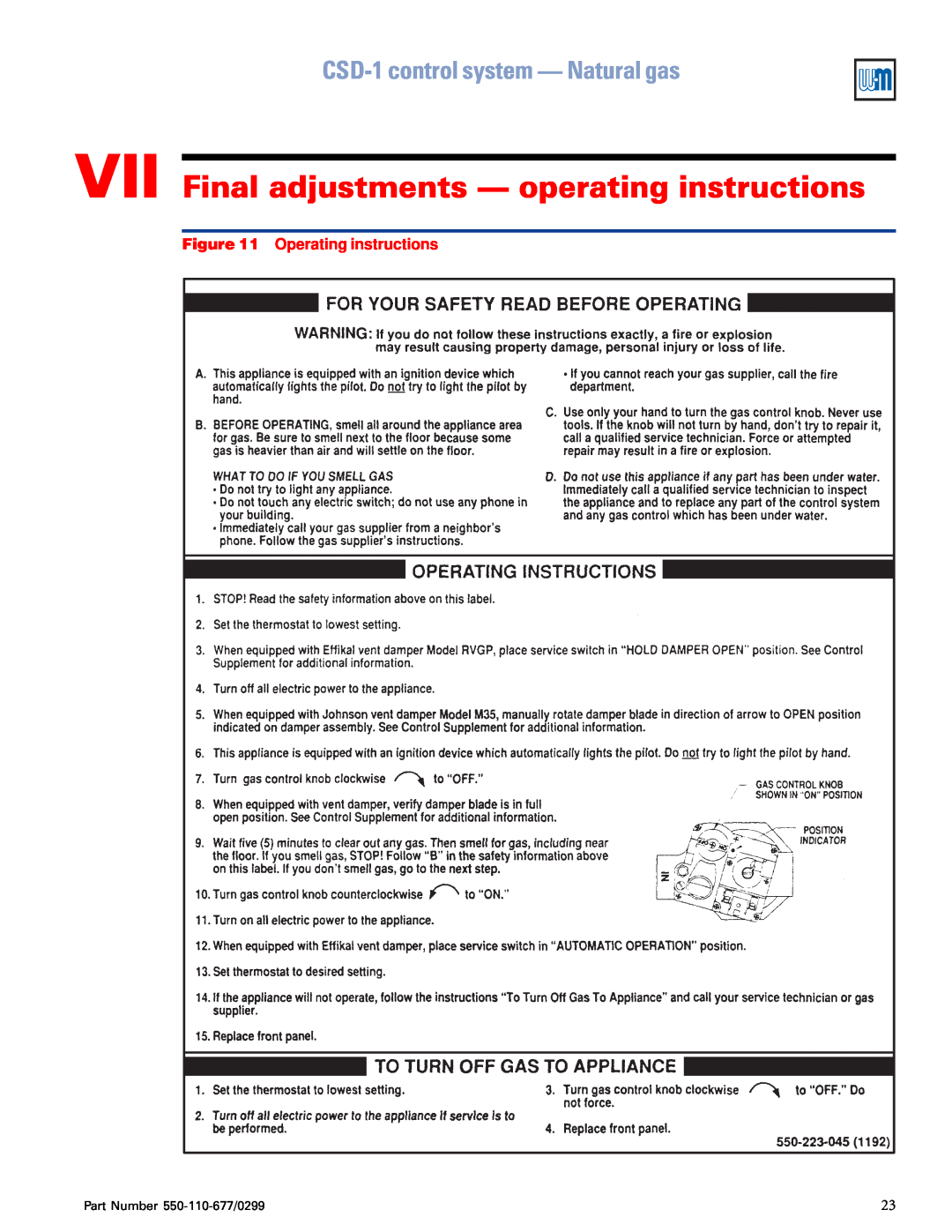 Weil-McLain EGH-125, EGH-105 manual VII Final adjustments - operating instructions, CSD-1control system - Natural gas 