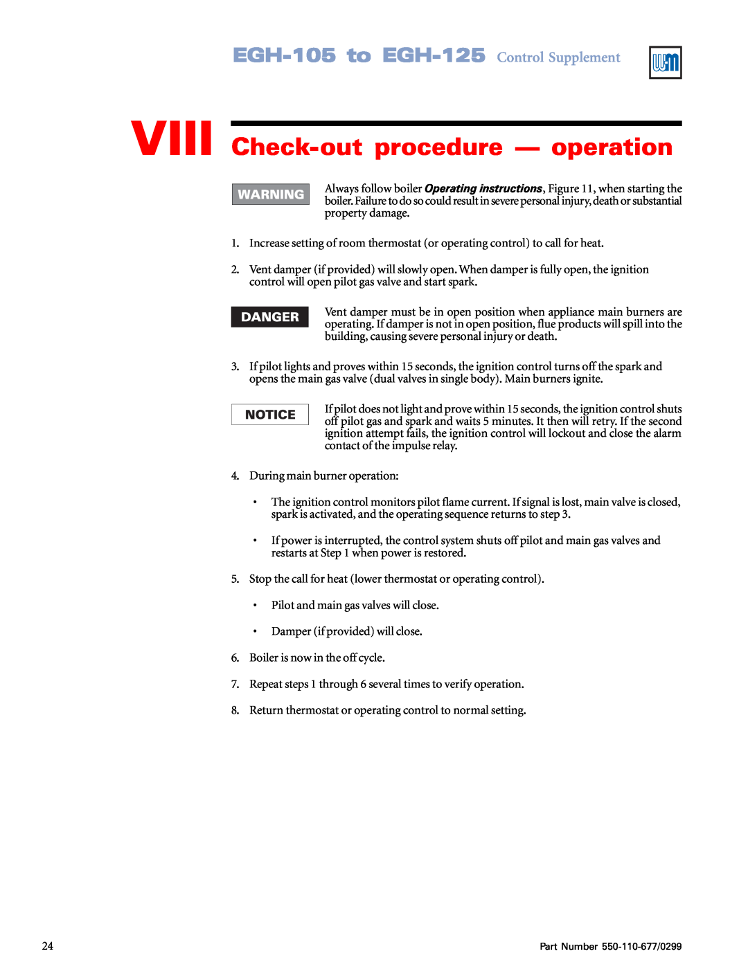 Weil-McLain manual VIII Check-outprocedure - operation, EGH-105to EGH-125 Control Supplement 