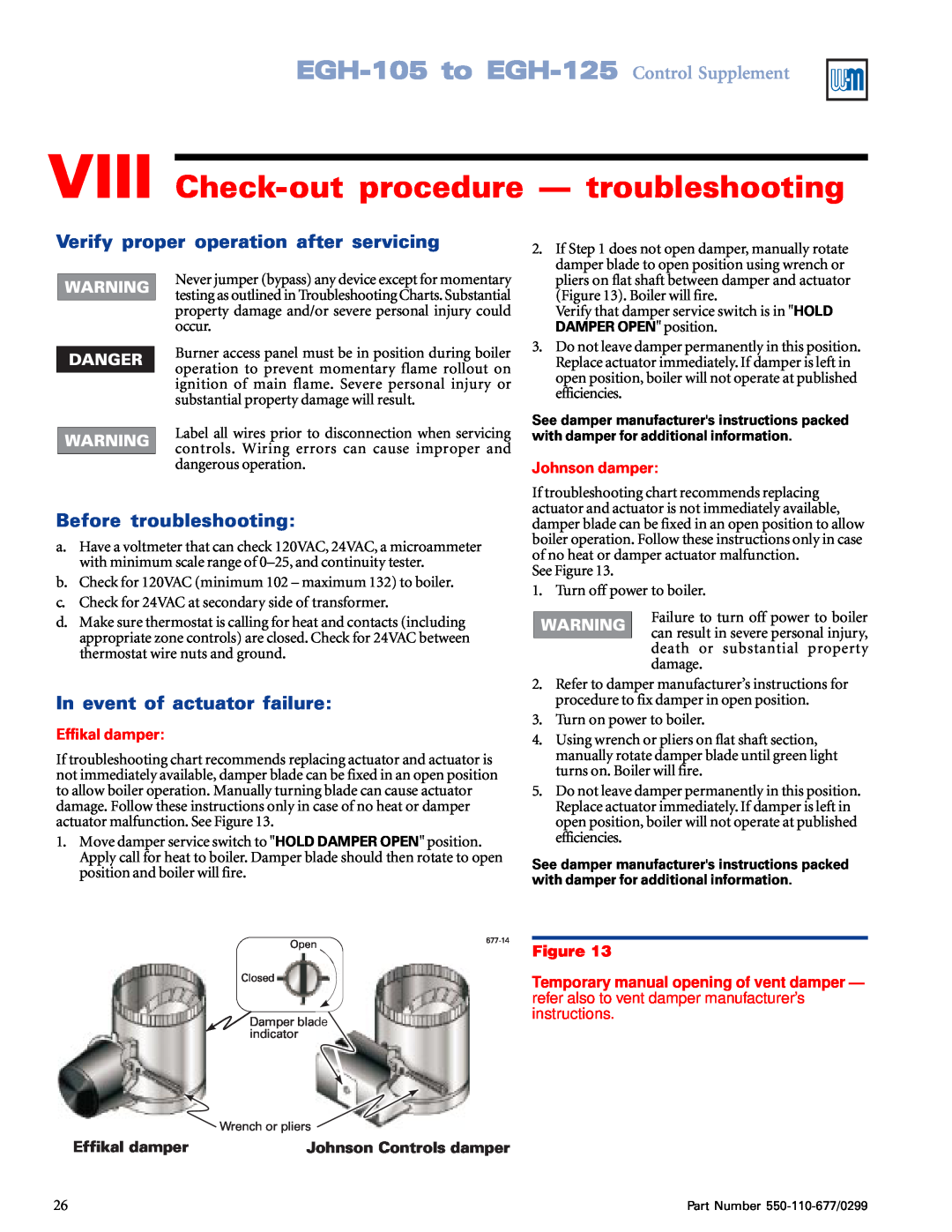 Weil-McLain EGH-105 VIII Check-outprocedure - troubleshooting, Verify proper operation after servicing, Effikal damper 