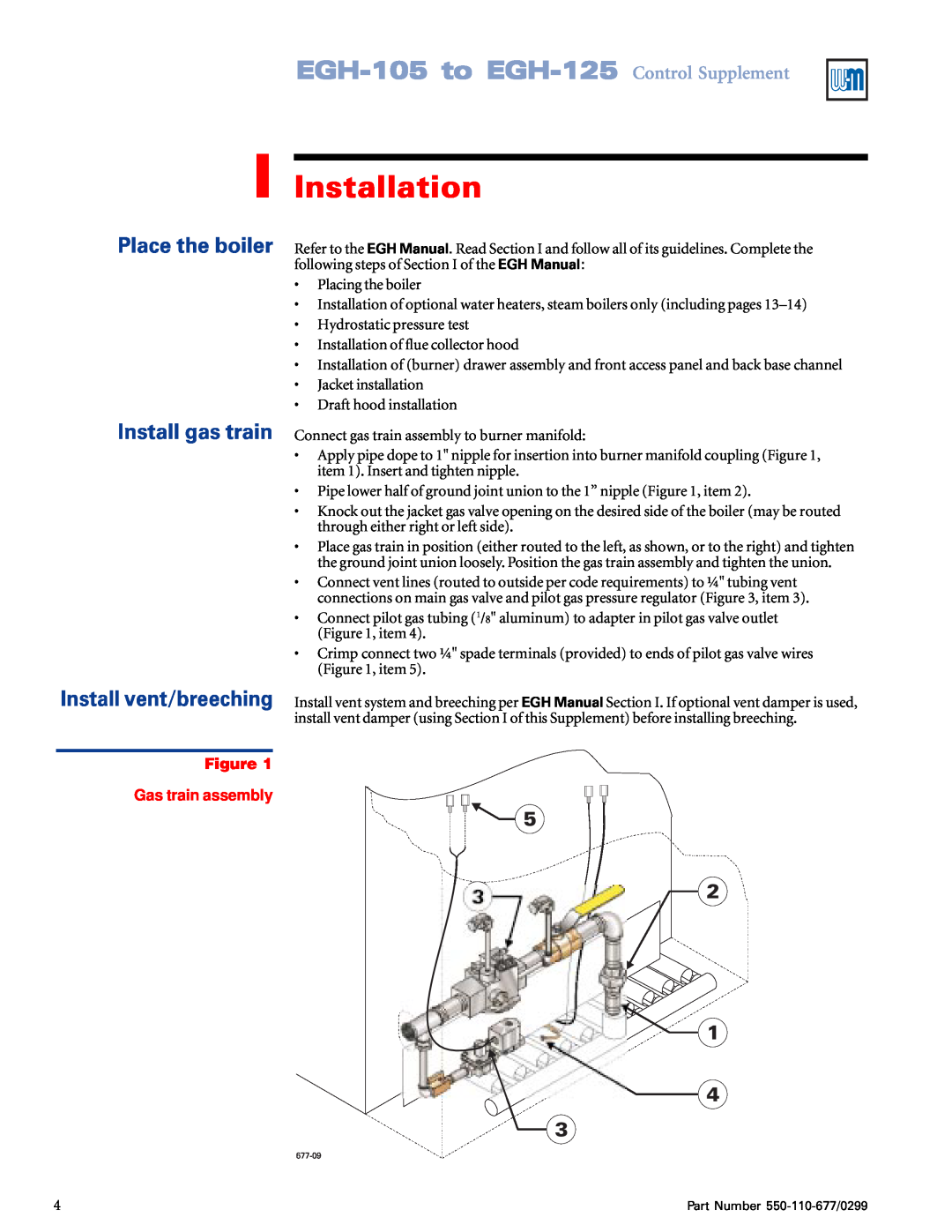 Weil-McLain EGH-105, EGH-125 manual Installation, Place the boiler Install gas train, Install vent/breeching, 5 32 