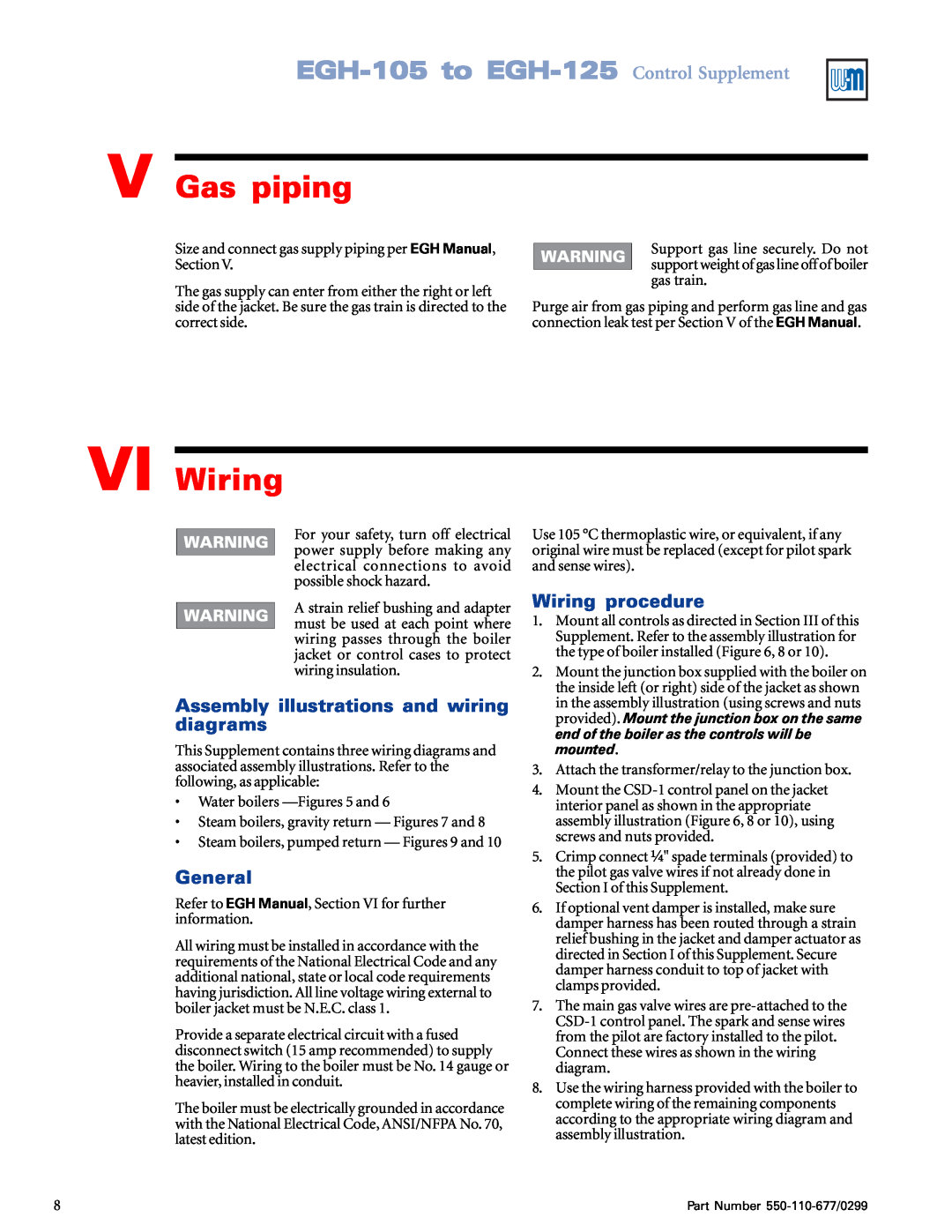 Weil-McLain EGH-105 manual V Gas piping, VI Wiring, Assembly illustrations and wiring diagrams, General, Wiring procedure 