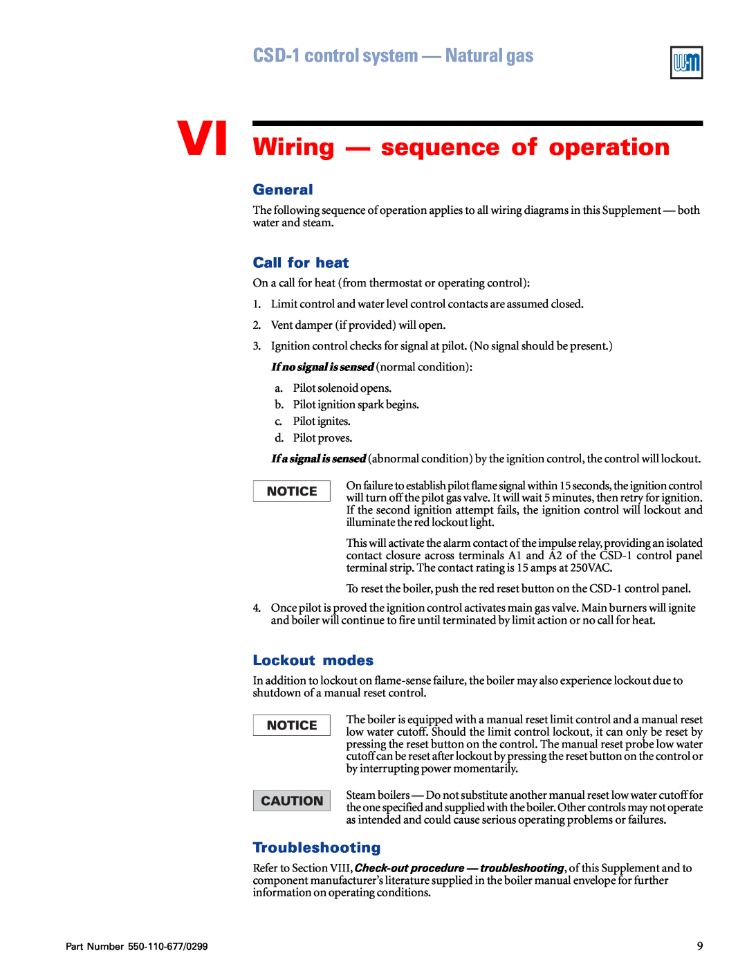 Weil-McLain EGH-125, EGH-105 VI Wiring - sequence of operation, Call for heat, Lockout modes, Troubleshooting, General 