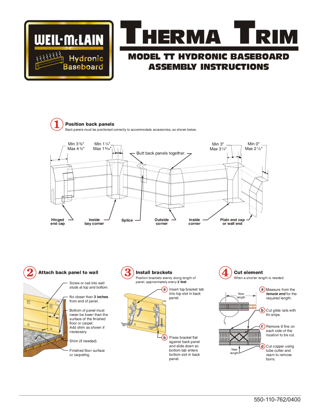 Weil-McLain Electric Baseboard Heater manual Position back panels, Attach back panel to wall, Install brackets 