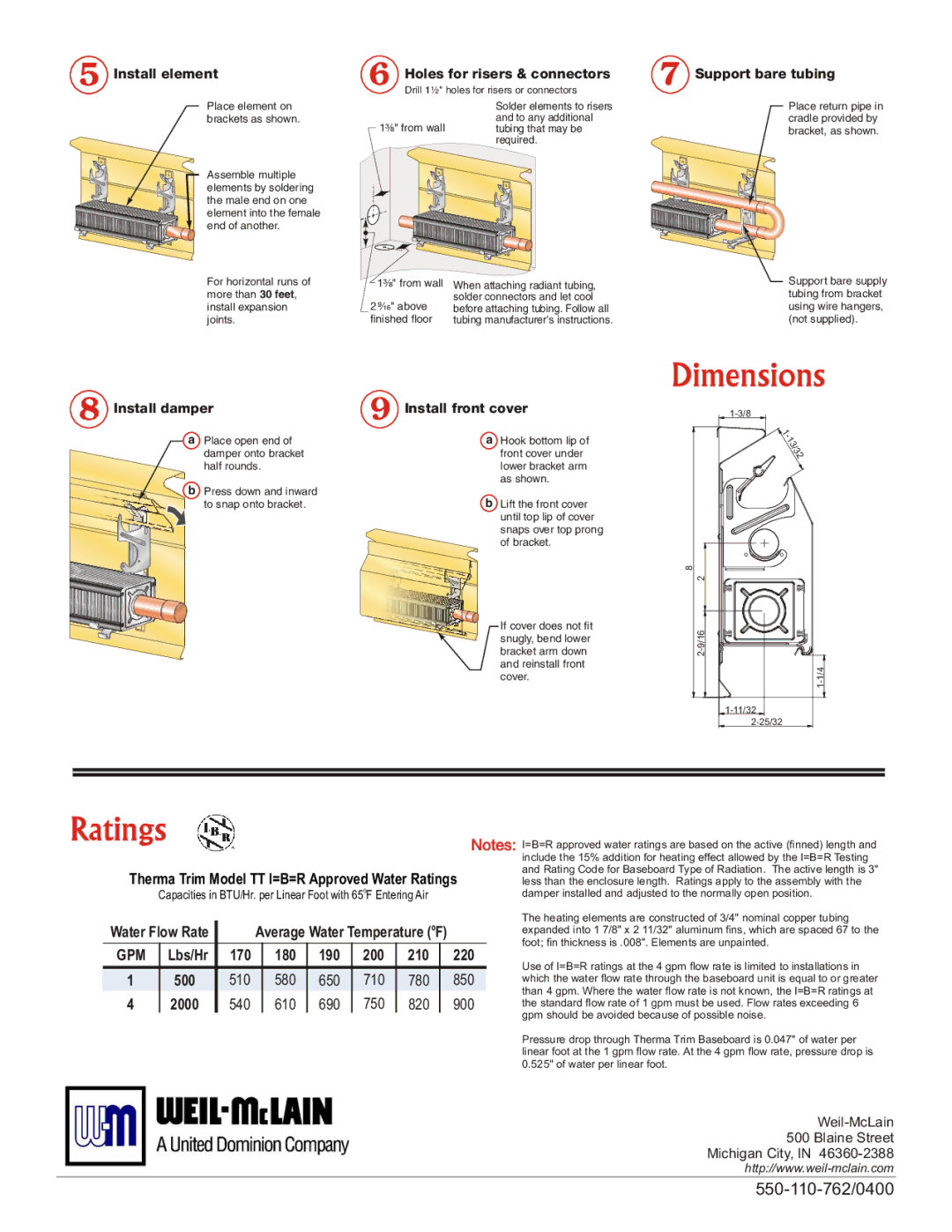 Weil-McLain Electric Baseboard Heater Install element, Holes for risers & connectors, Support bare tubing, Install damper 