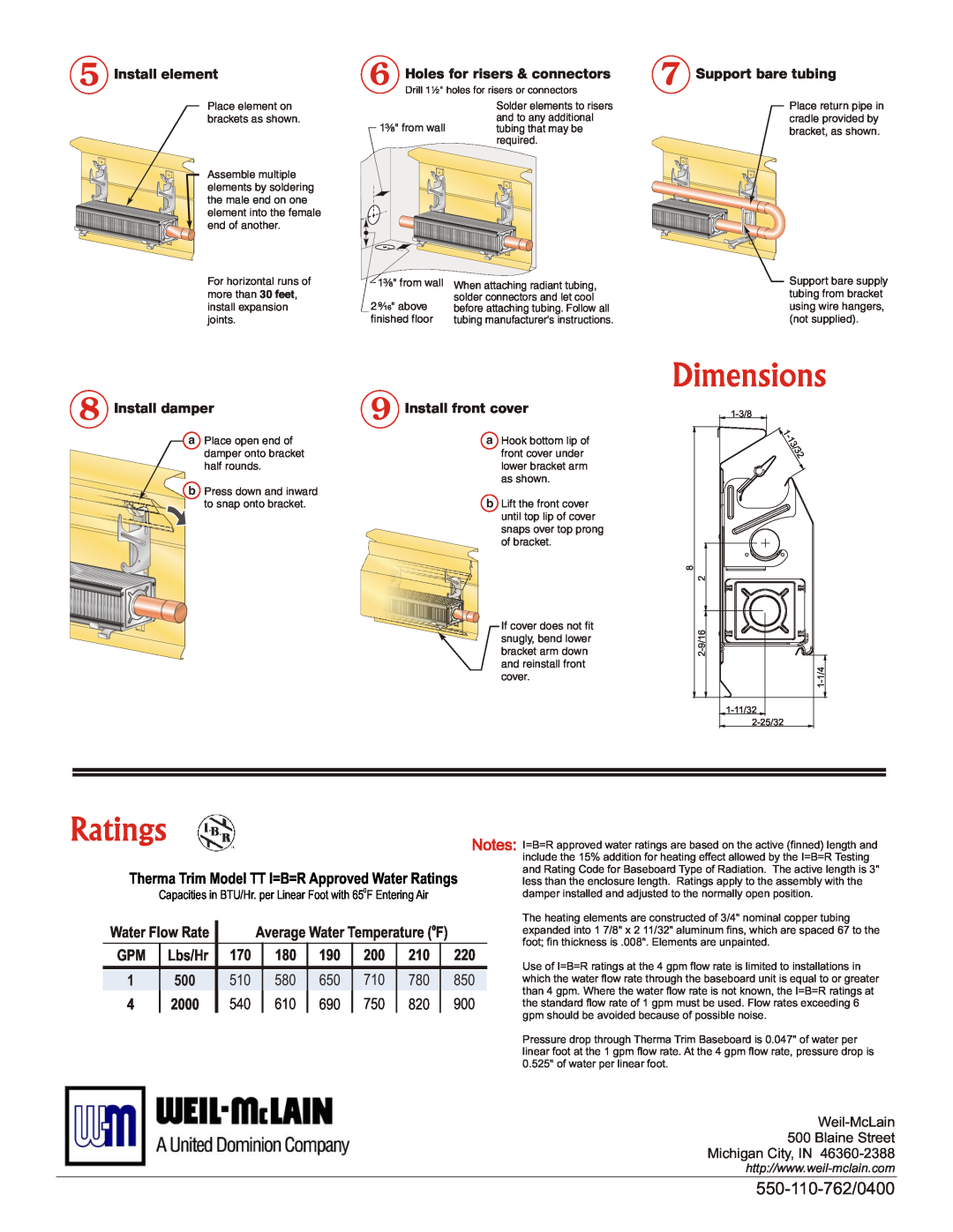 Weil-McLain Electric Baseboard Heater manual Ratings, Dimensions, 550-110-762/0400 
