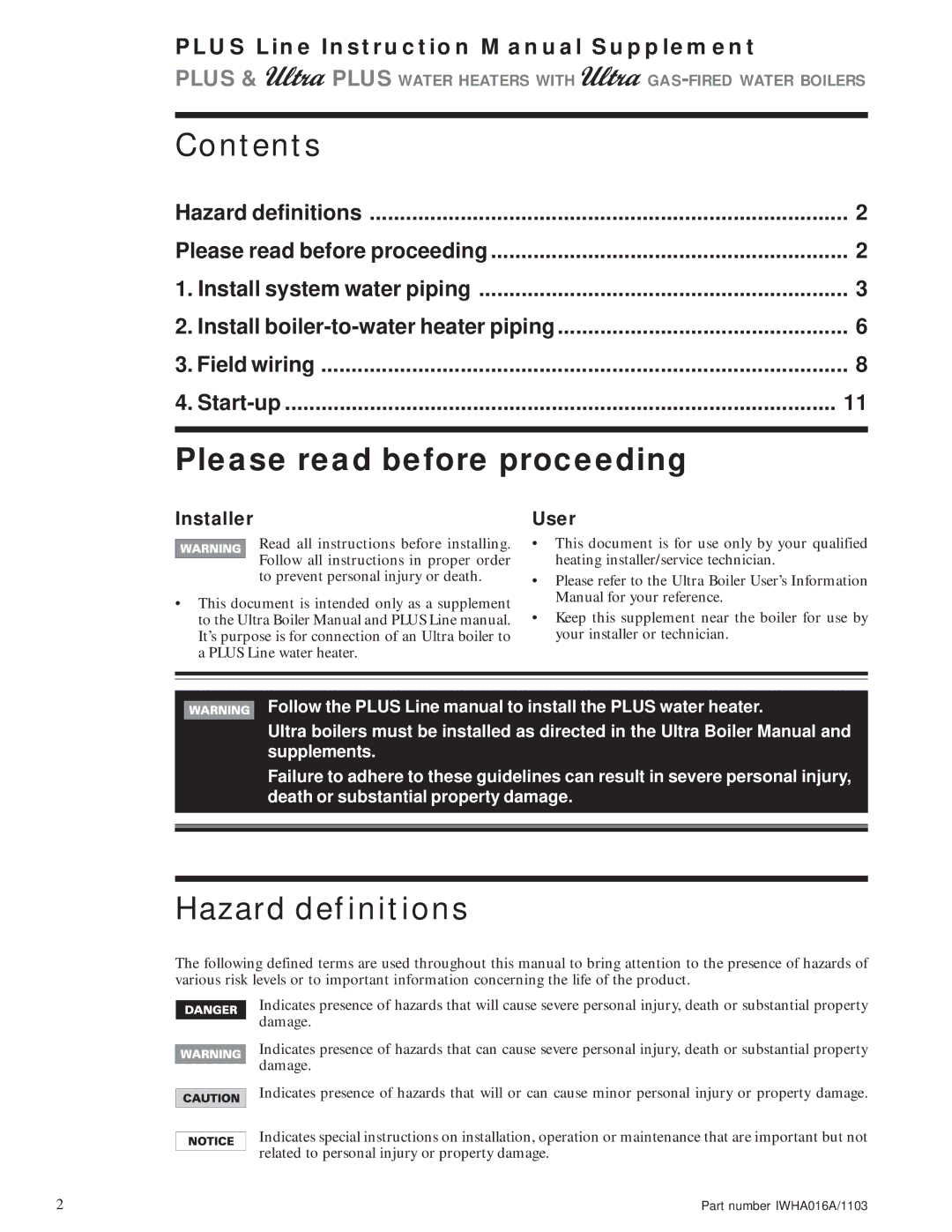 Weil-McLain Electric Water Heater instruction manual Contents, Hazard definitions 