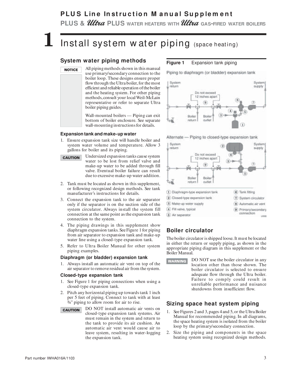 Weil-McLain Electric Water Heater instruction manual Install system water piping space heating, System water piping methods 