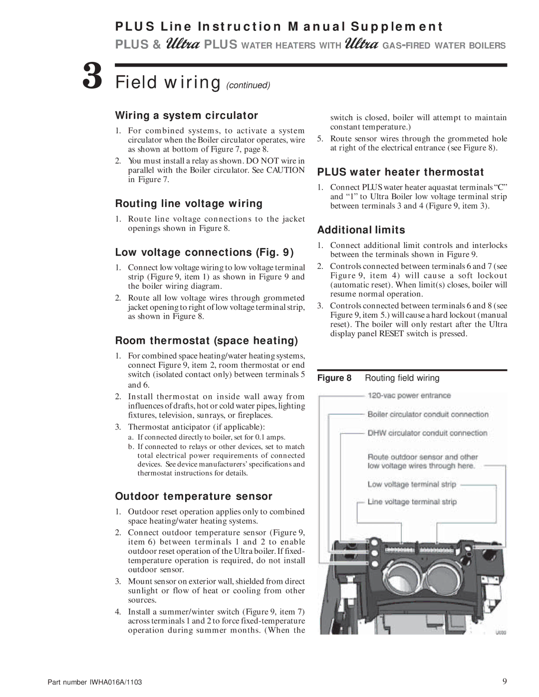 Weil-McLain Electric Water Heater Wiring a system circulator, Routing line voltage wiring, Low voltage connections Fig 