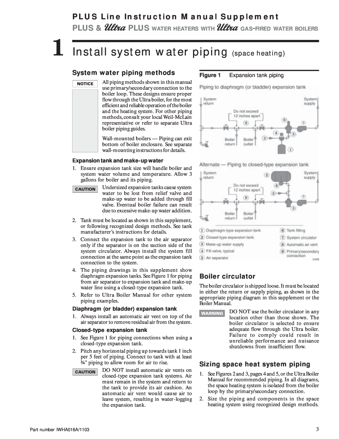 Weil-McLain Electric Water Heater instruction manual Install system water piping space heating, System water piping methods 