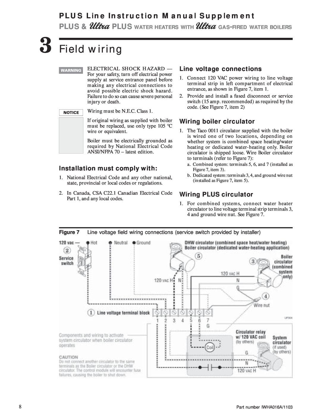 Weil-McLain Electric Water Heater instruction manual Field wiring, Installation must comply with, Line voltage connections 