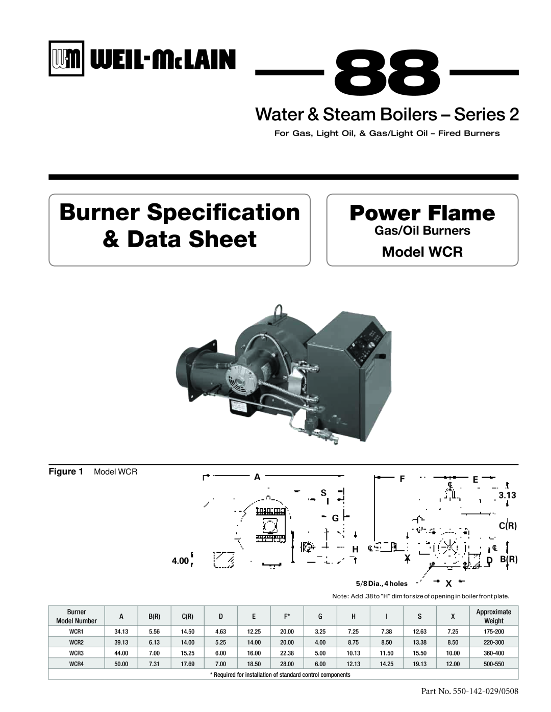 Weil-McLain Gas Burner manual Model WCR, Burner Specification & Data Sheet, Power Flame, Water & Steam Boilers - Series 