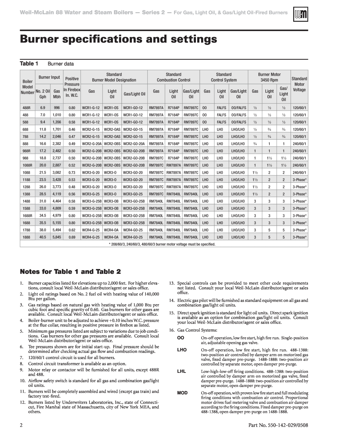 Weil-McLain Gas Burner Burner specifications and settings, Notes for and Table, Burner data, Part No. 550-142-029/0508 