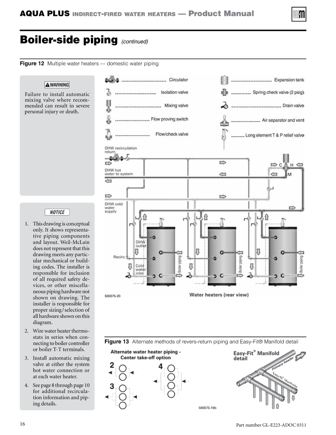 Weil-McLain GL-E223-ADOC 0311 manual Multiple water heaters domestic water piping 