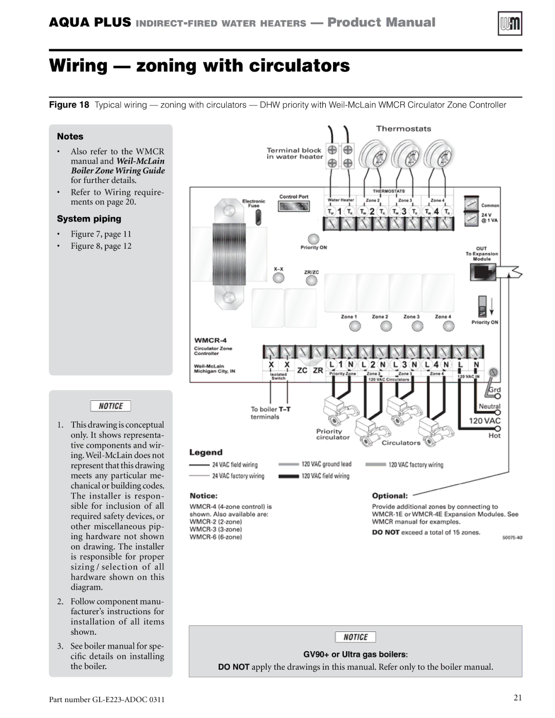 Weil-McLain GL-E223-ADOC 0311 manual Wiring zoning with circulators, System piping 