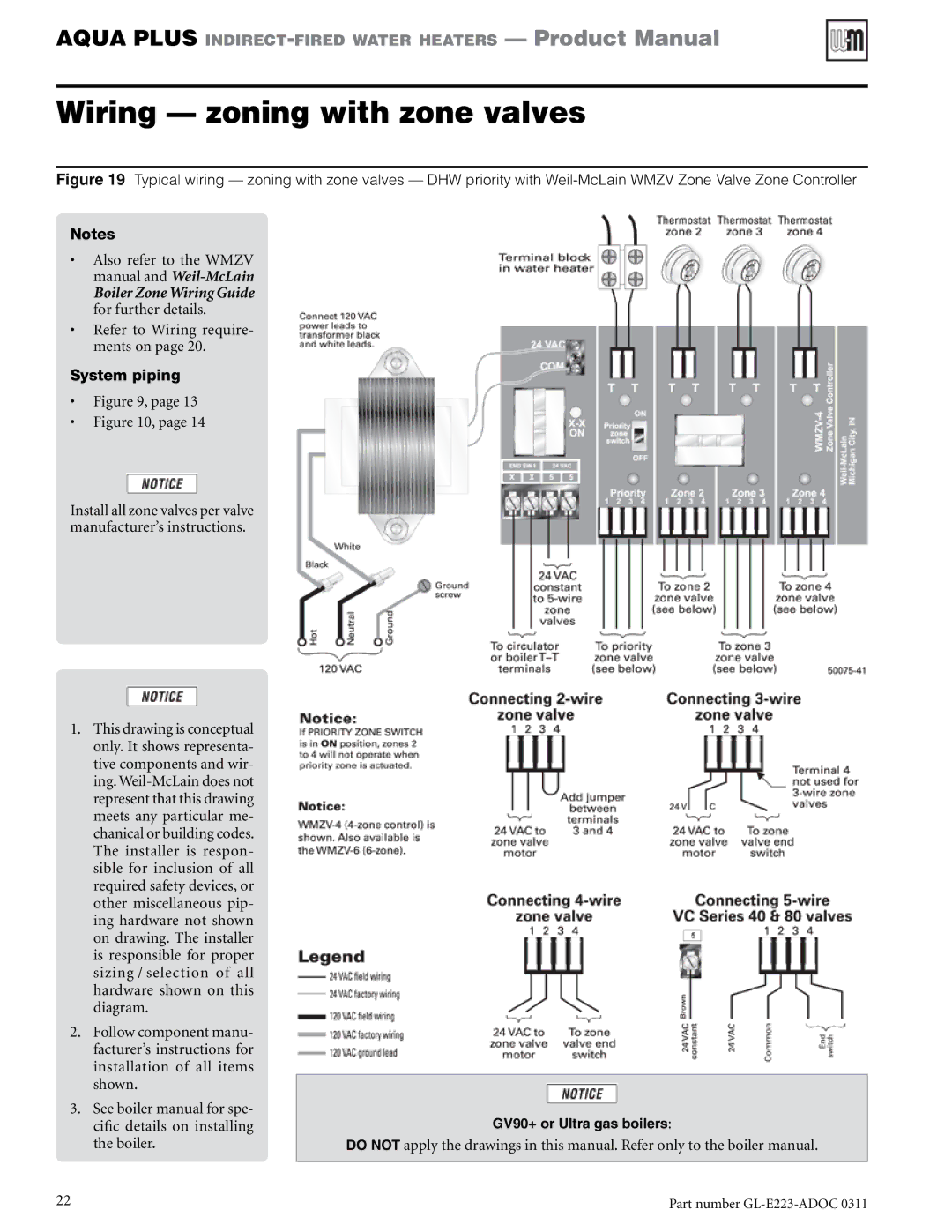 Weil-McLain GL-E223-ADOC 0311 manual Wiring zoning with zone valves 