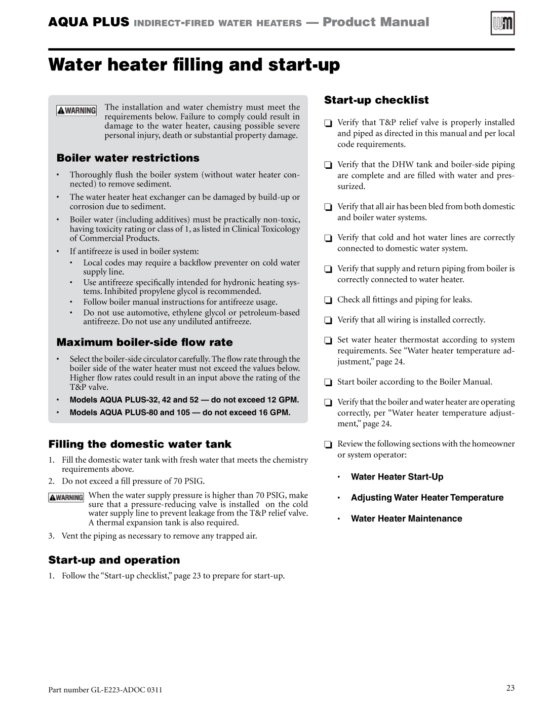 Weil-McLain GL-E223-ADOC 0311 manual Water heater filling and start-up, Start-up checklist, Maximum boiler-side flow rate 