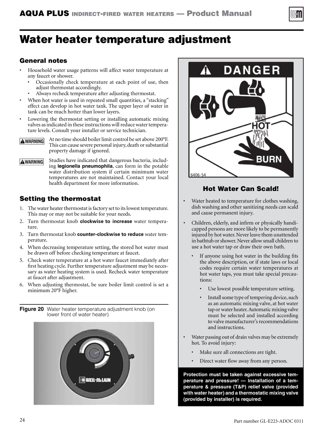 Weil-McLain GL-E223-ADOC 0311 manual Water heater temperature adjustment, General notes, Setting the thermostat 