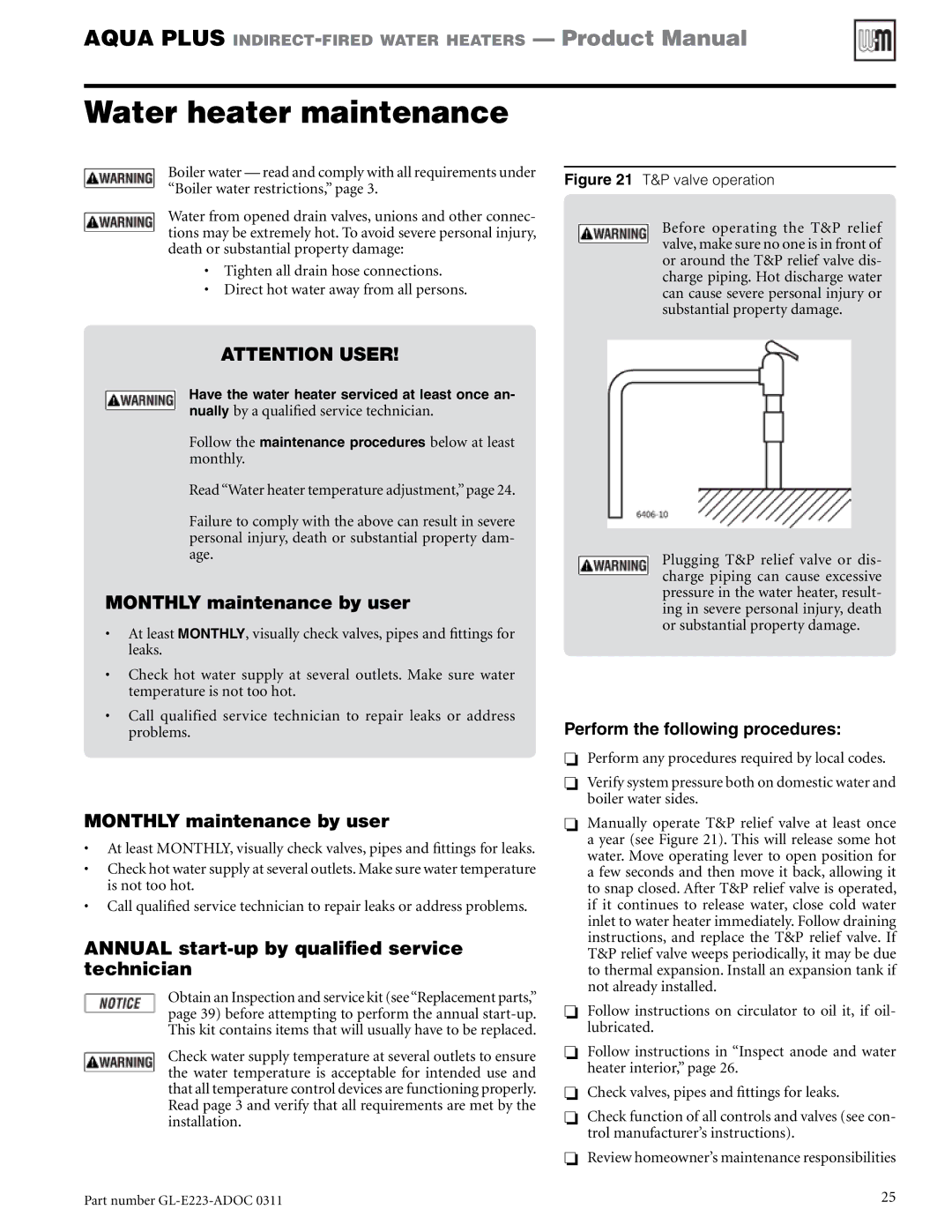 Weil-McLain GL-E223-ADOC 0311 Water heater maintenance, Monthly maintenance by user, Perform the following procedures 