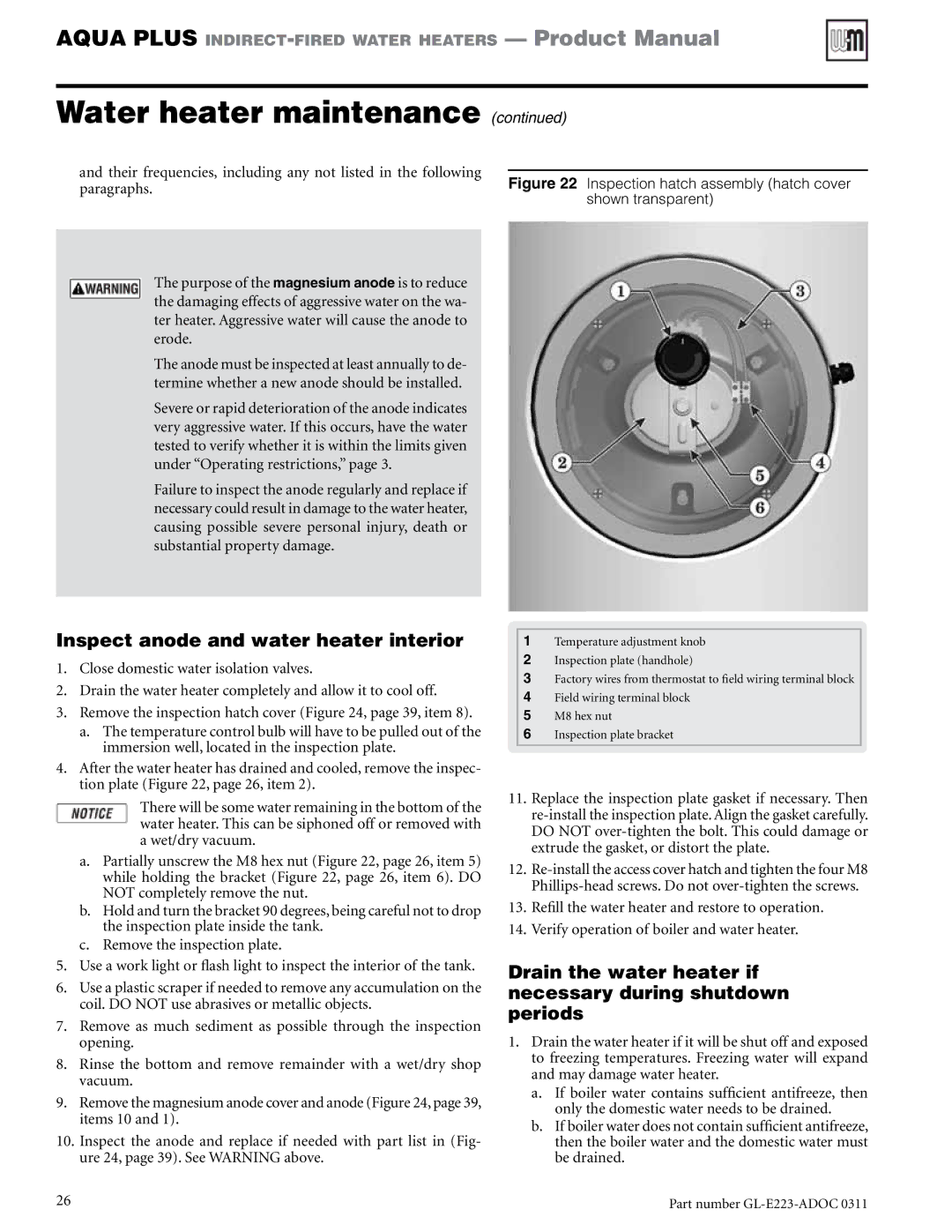 Weil-McLain GL-E223-ADOC 0311 manual Inspect anode and water heater interior 