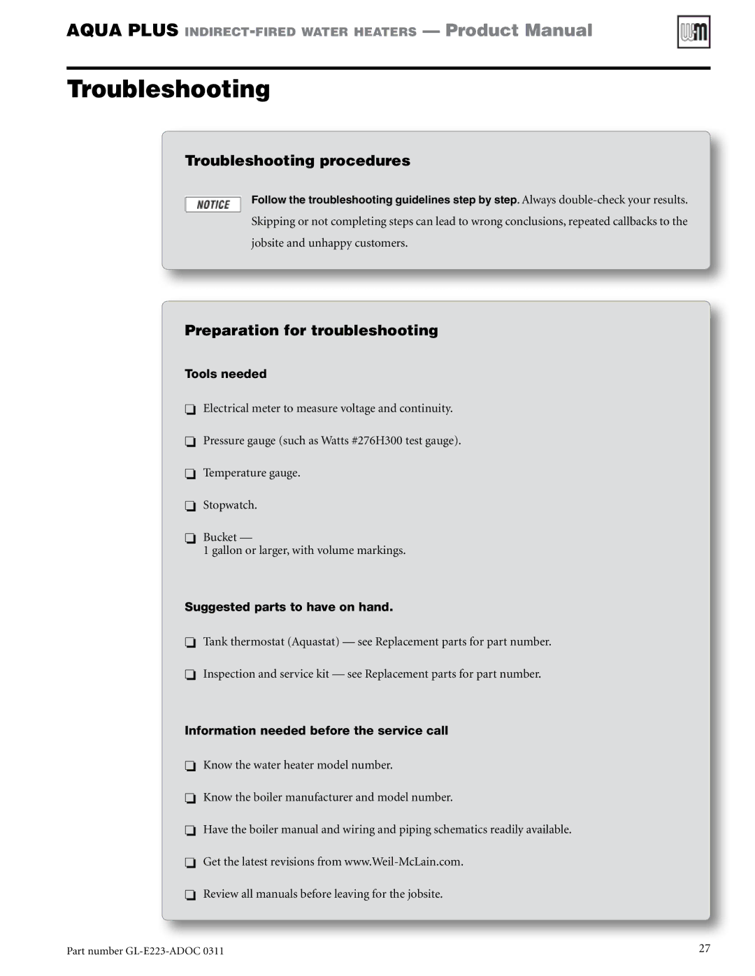 Weil-McLain GL-E223-ADOC 0311 manual Troubleshooting procedures, Preparation for troubleshooting 