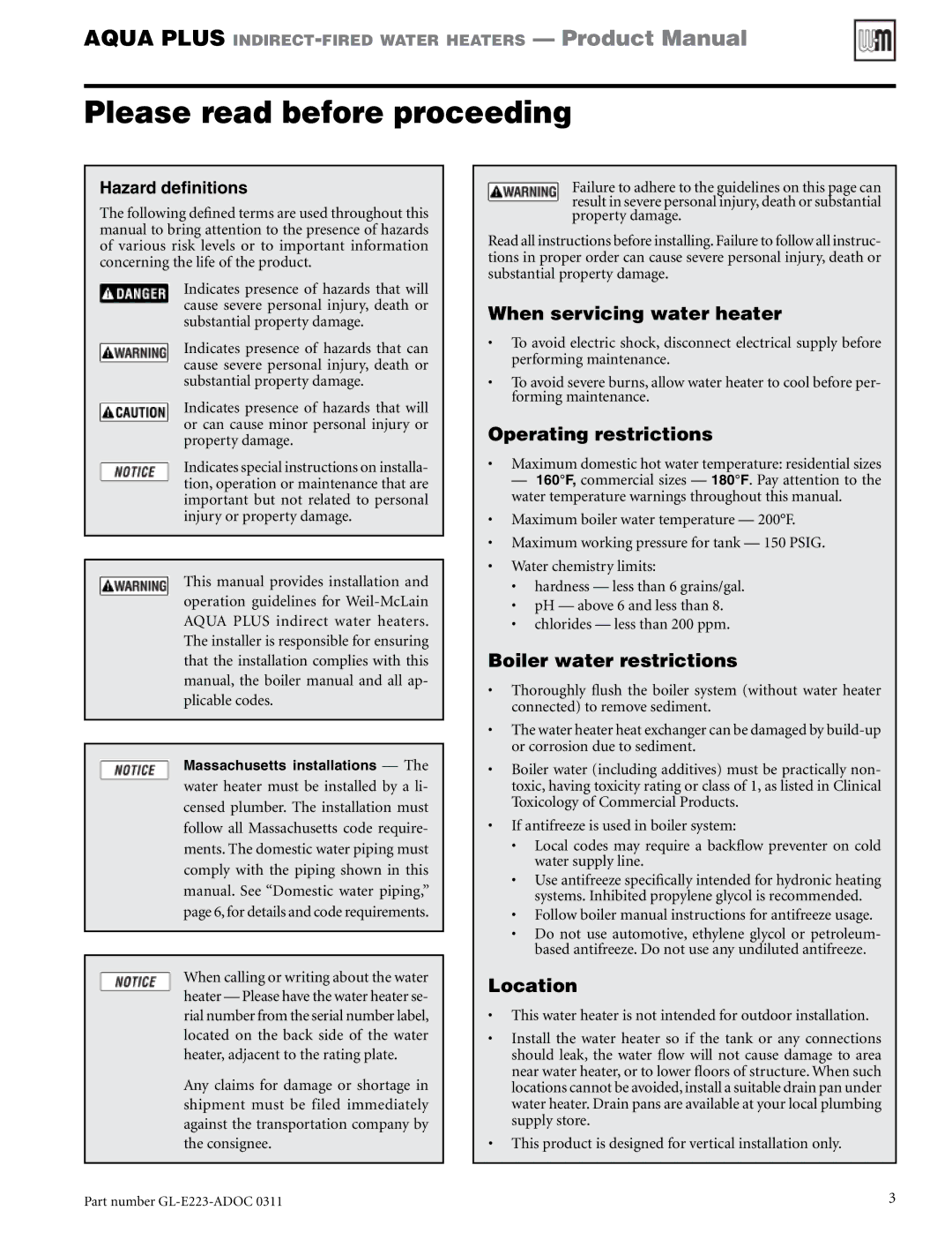 Weil-McLain GL-E223-ADOC 0311 Please read before proceeding, When servicing water heater, Operating restrictions, Location 