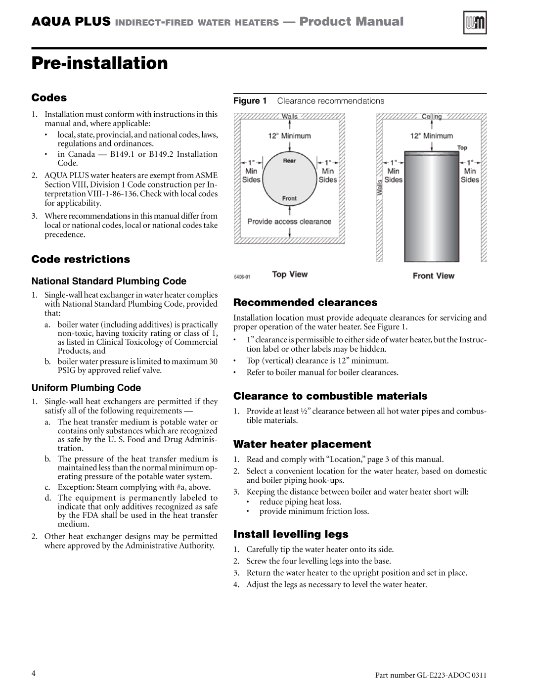 Weil-McLain GL-E223-ADOC 0311 manual Pre-installation, Recommended clearances, Clearance to combustible materials 