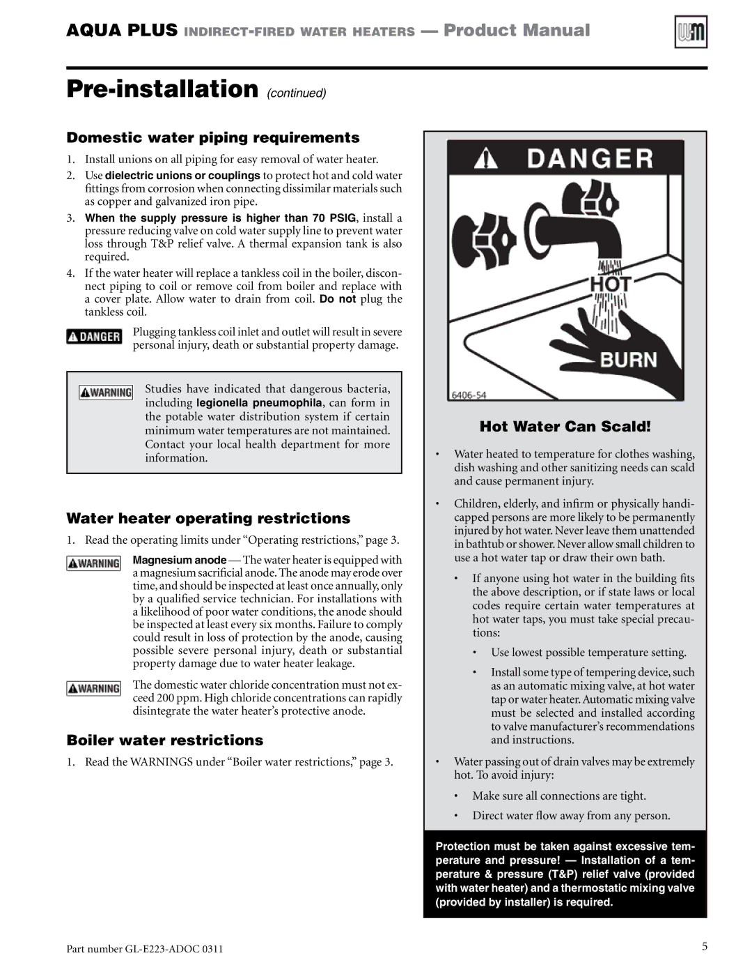 Weil-McLain GL-E223-ADOC 0311 Domestic water piping requirements, Water heater operating restrictions, Hot Water Can Scald 