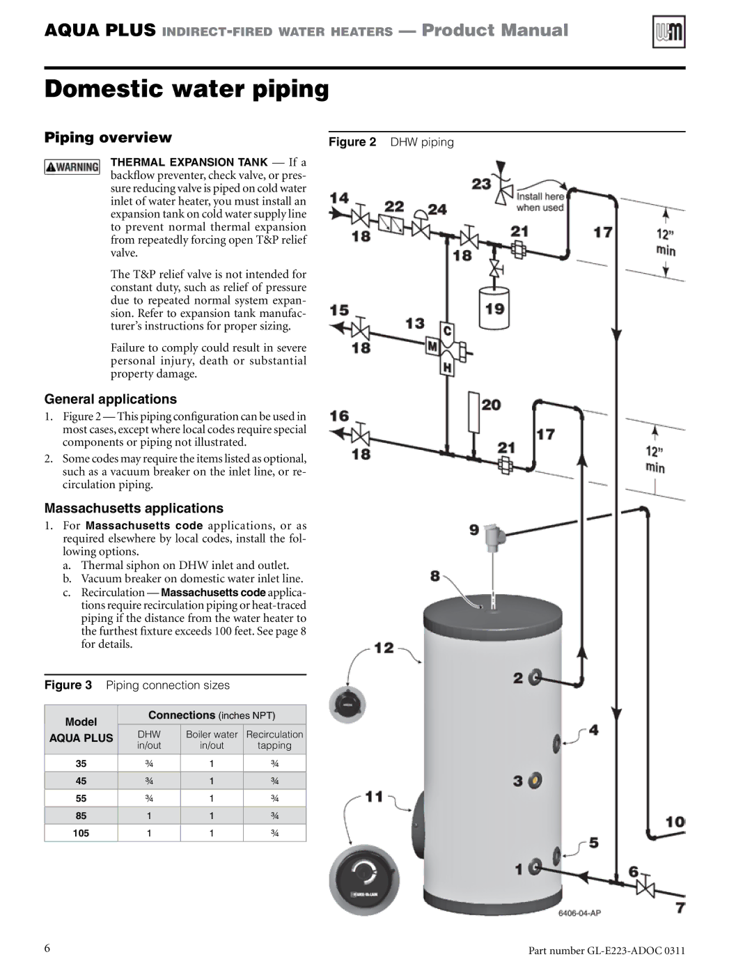 Weil-McLain GL-E223-ADOC 0311 Domestic water piping, Piping overview, General applications, Massachusetts applications 