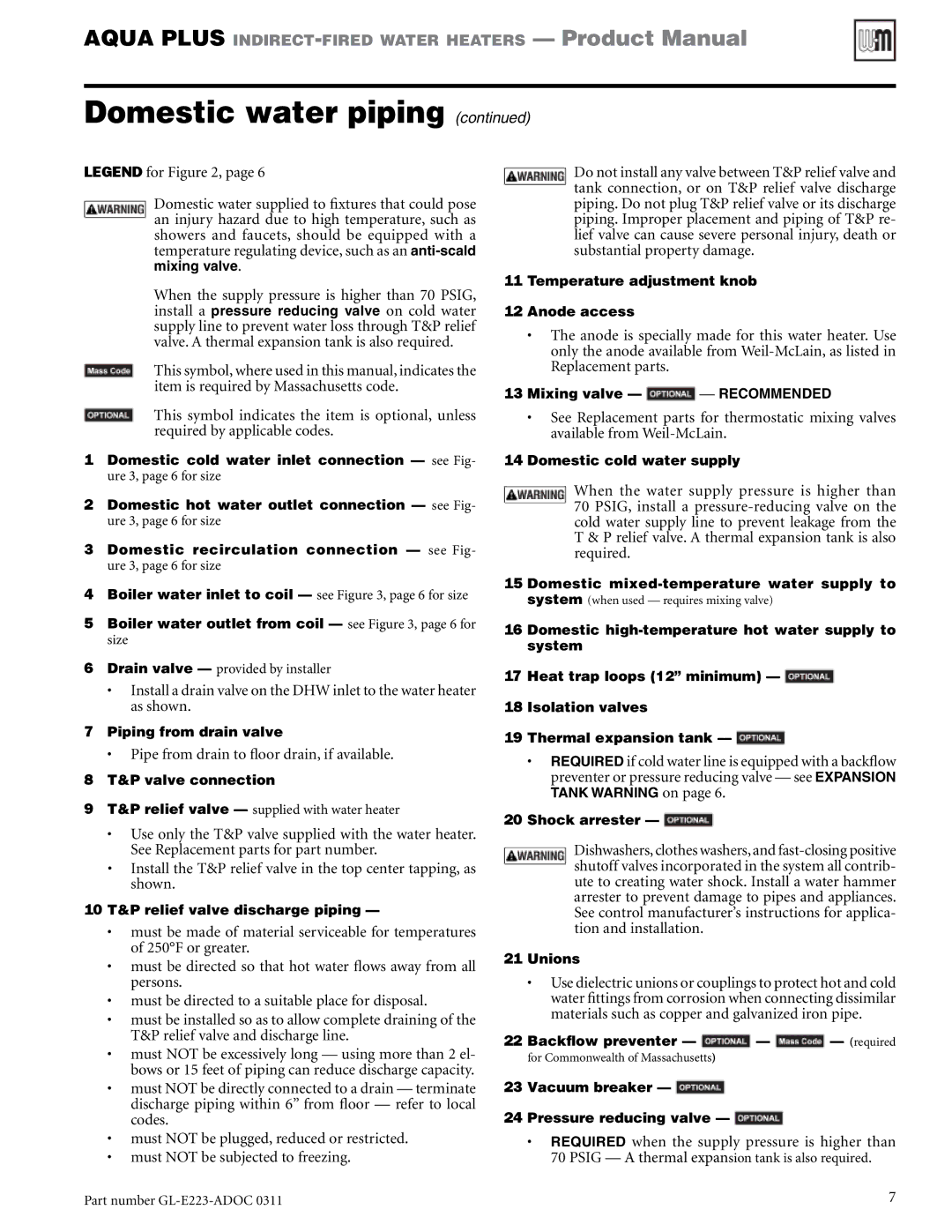 Weil-McLain GL-E223-ADOC 0311 manual Pipe from drain to floor drain, if available 