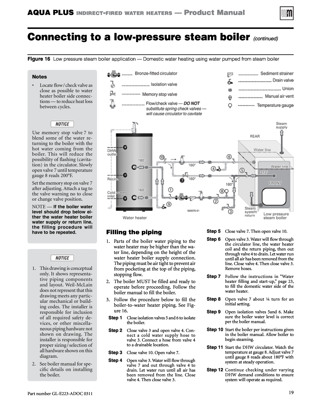 Weil-McLain GL-E223-ADOC 0311 manual Filling the piping 