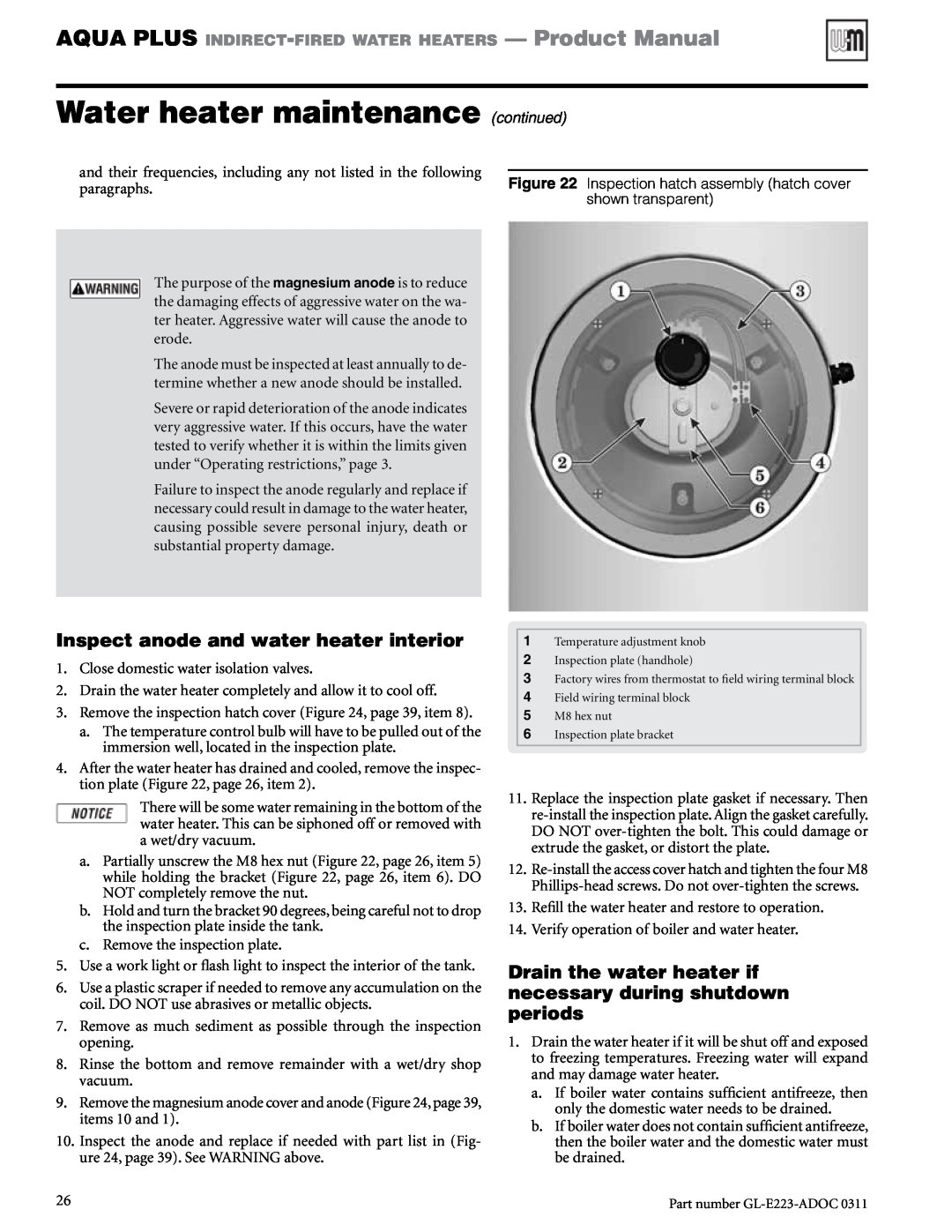 Weil-McLain GL-E223-ADOC 0311 manual Inspect anode and water heater interior, Water heater maintenance, continued 