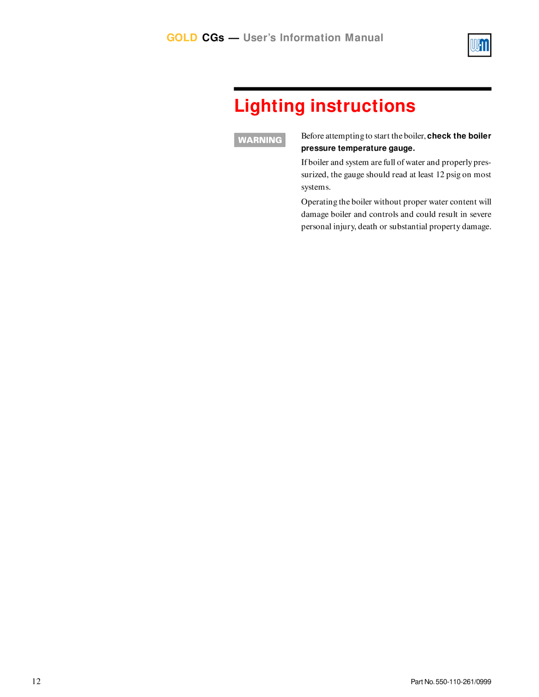 Weil-McLain GOLD CGs manual Lighting instructions 