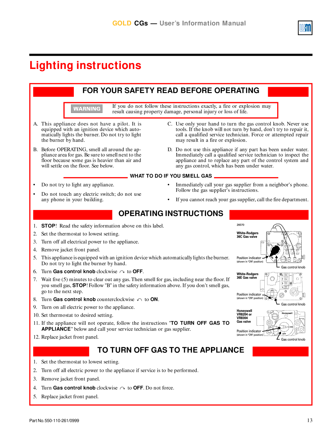 Weil-McLain GOLD CGs manual For Your Safety Read Before Operating 