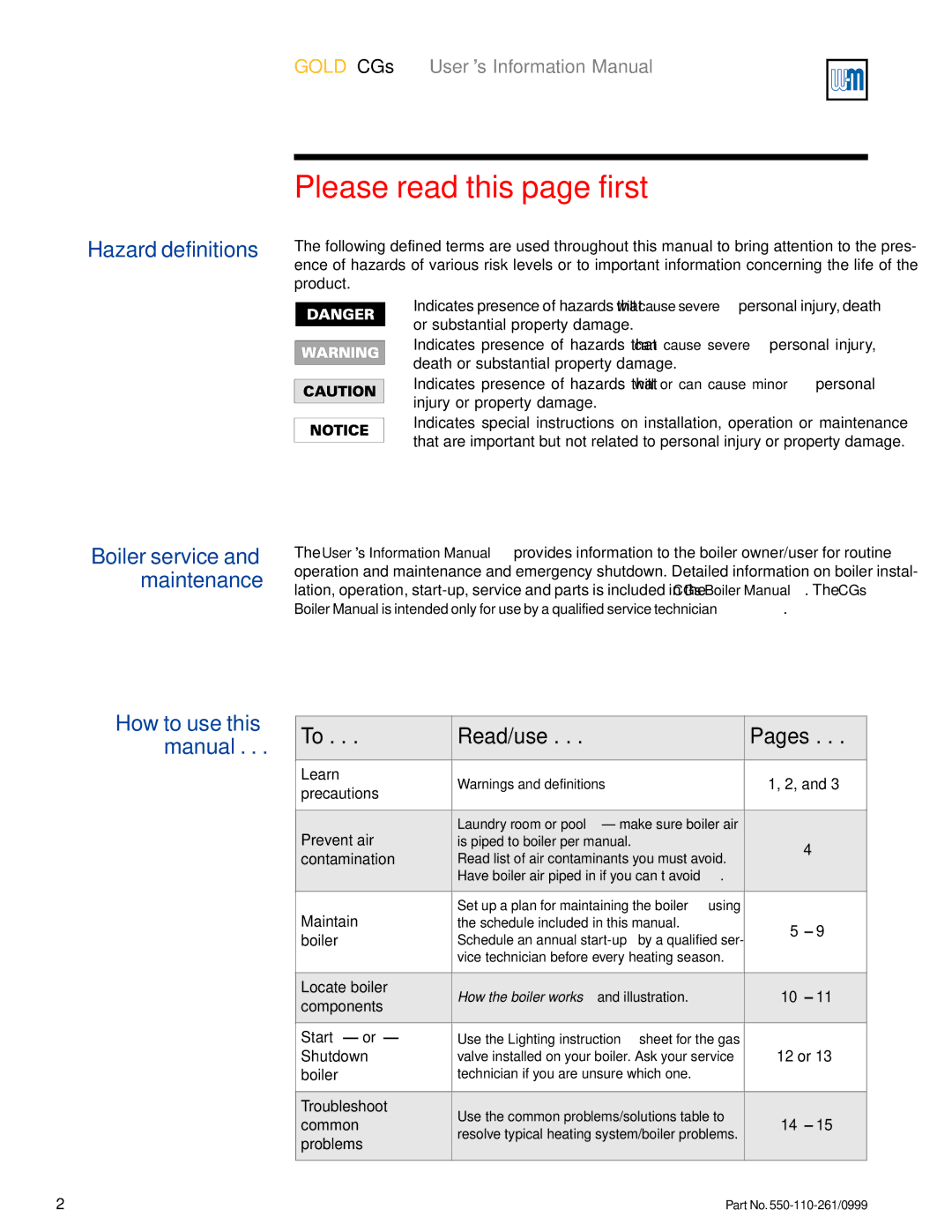 Weil-McLain GOLD CGs manual Please read this page first, Hazard definitions 