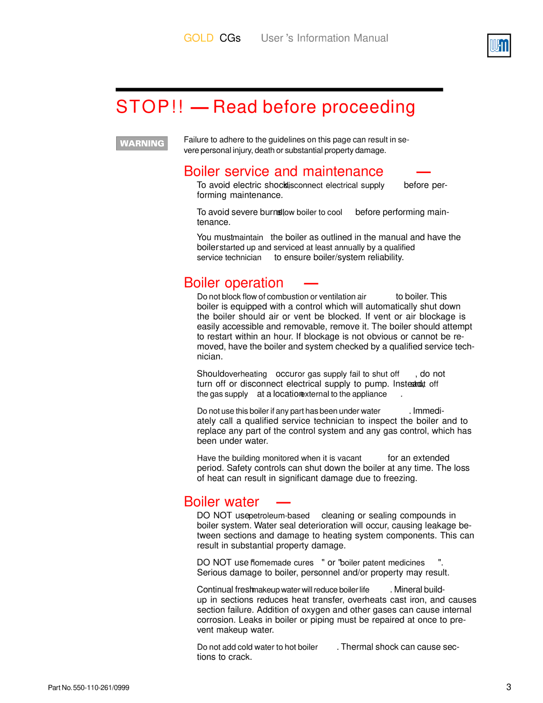 Weil-McLain GOLD CGs manual STOP!! Read before proceeding, Boiler service and maintenance 