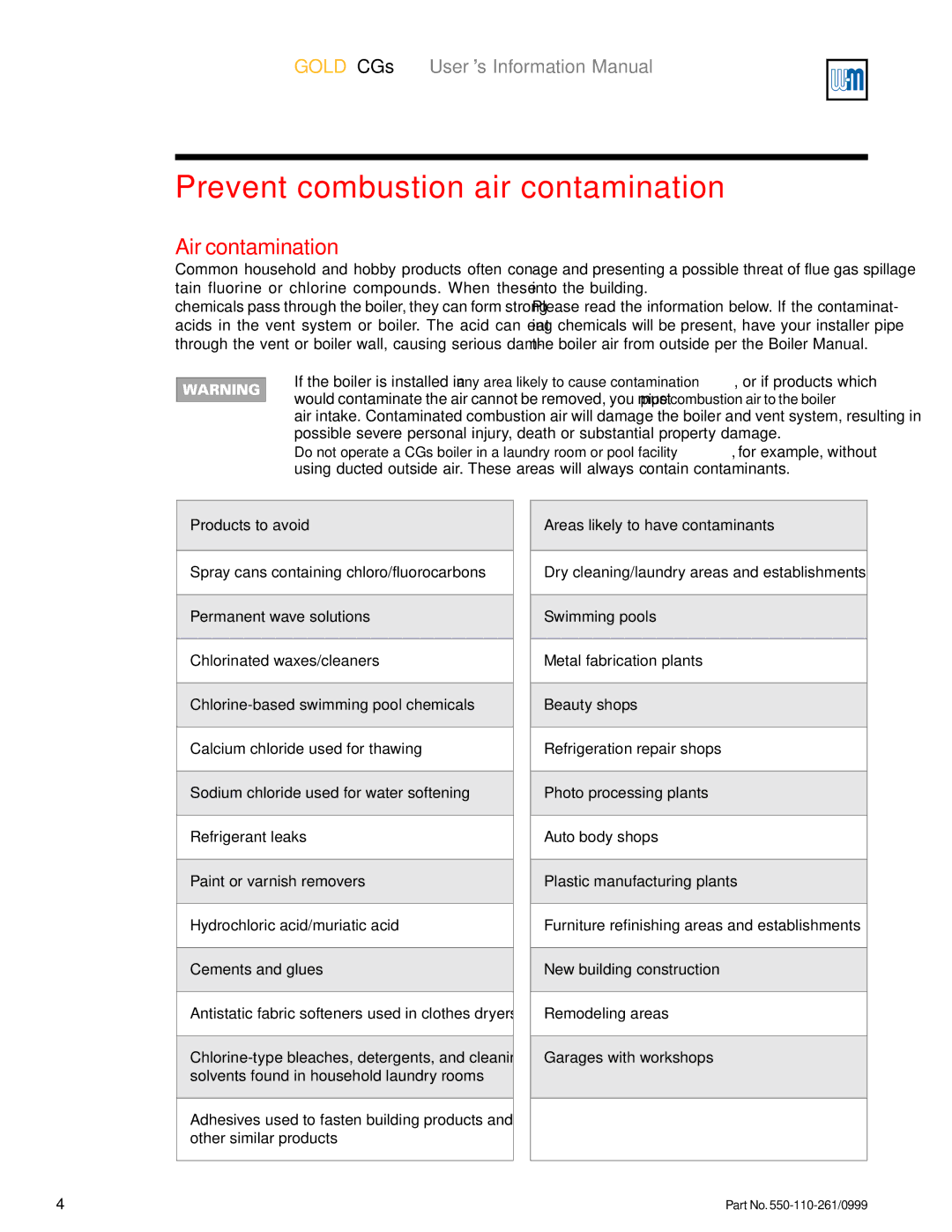 Weil-McLain GOLD CGs manual Prevent combustion air contamination, Air contamination 