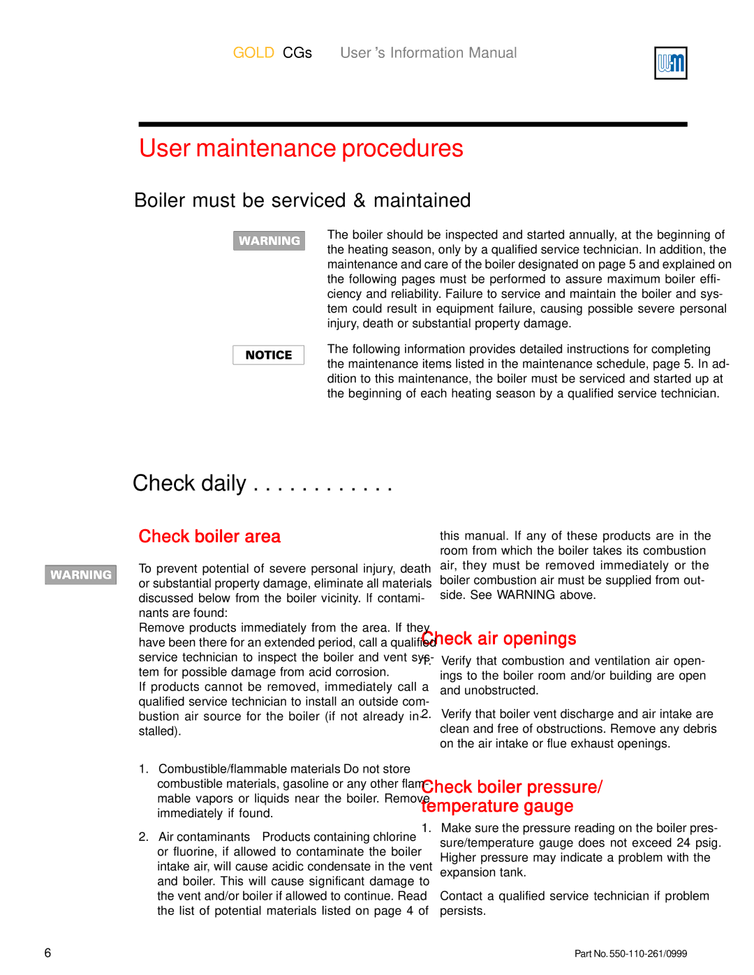 Weil-McLain GOLD CGs manual User maintenance procedures, Check daily, Check boiler area, Check air openings 