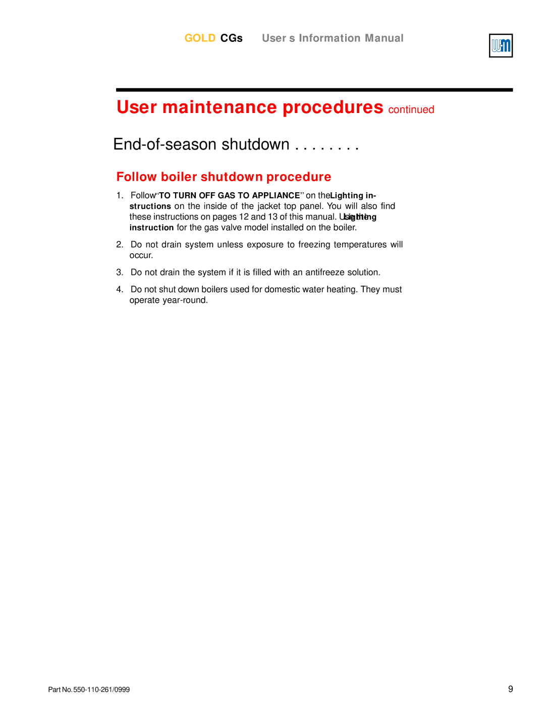 Weil-McLain GOLD CGs manual End-of-season shutdown, Follow boiler shutdown procedure 