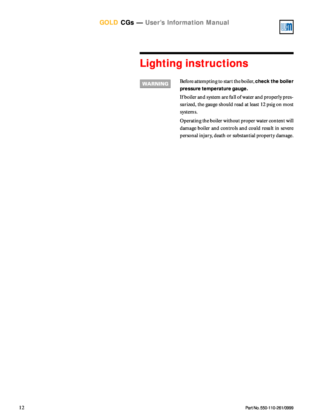 Weil-McLain manual Lighting instructions, GOLD CGs - User’s Information Manual 
