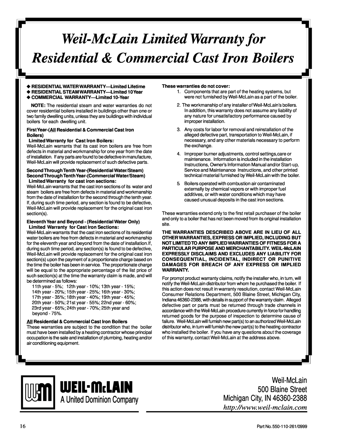 Weil-McLain GOLD CGs manual Weil-McLainLimited Warranty for, Residential & Commercial Cast Iron Boilers 