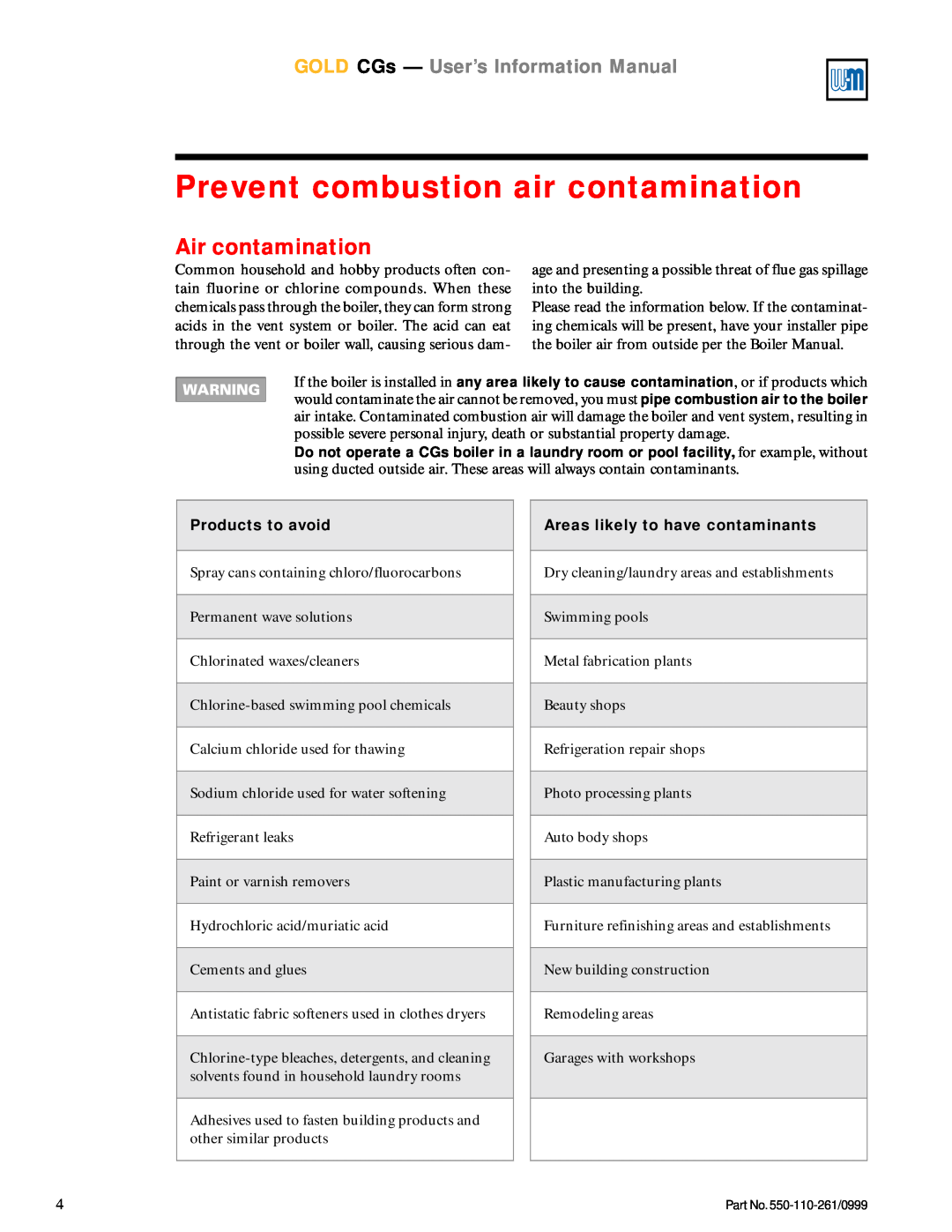 Weil-McLain manual Prevent combustion air contamination, Air contamination, GOLD CGs - User’s Information Manual 