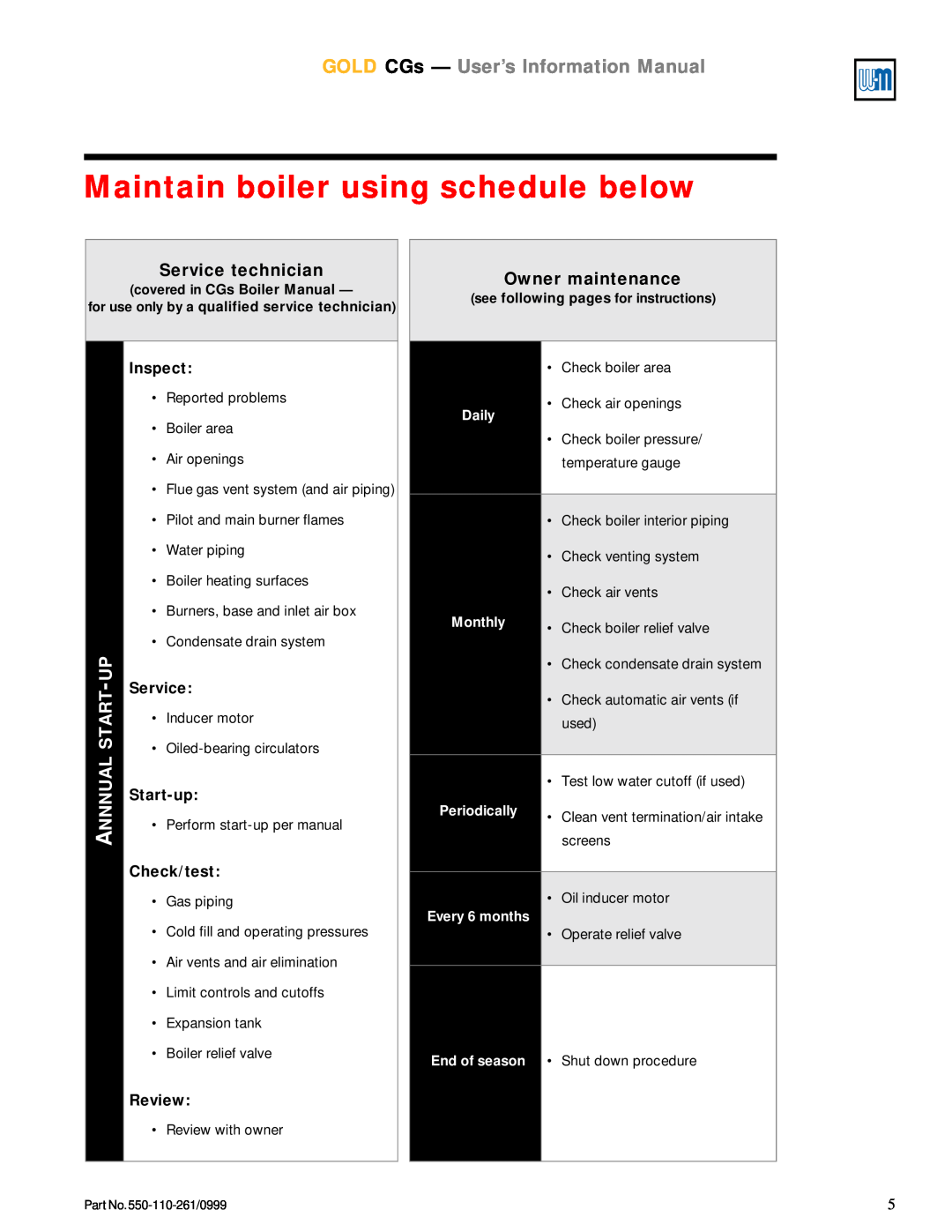 Weil-McLain Maintain boiler using schedule below, GOLD CGs - User’s Information Manual, Service technician, Annnual 