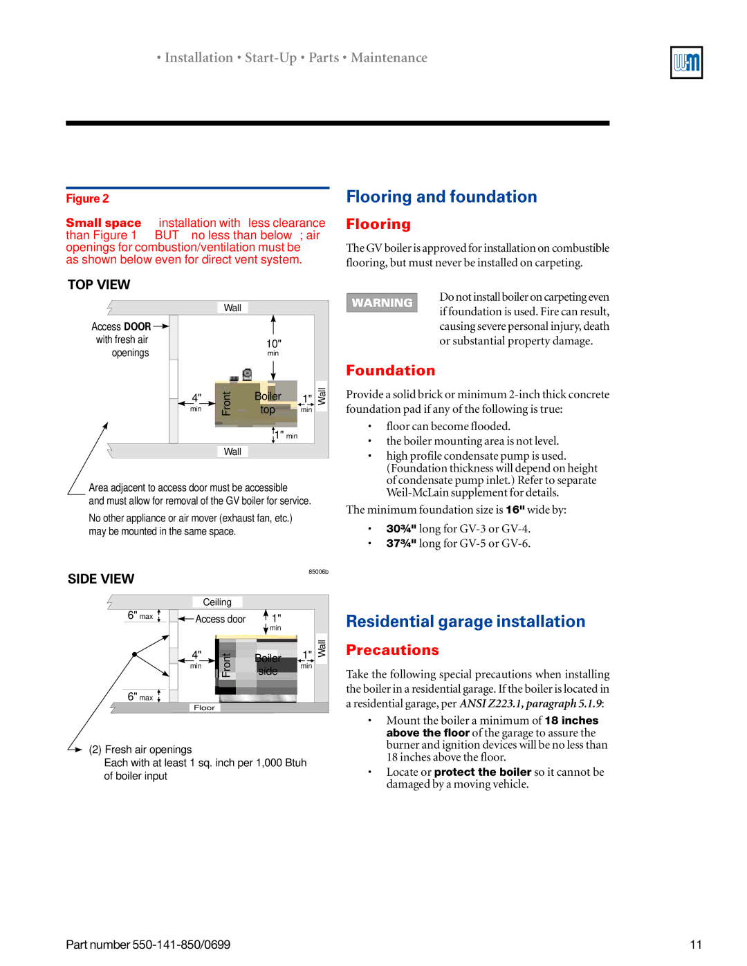 Weil-McLain 550-141-850/0599 manual Flooring and foundation, Residential garage installation, Foundation, Precautions 