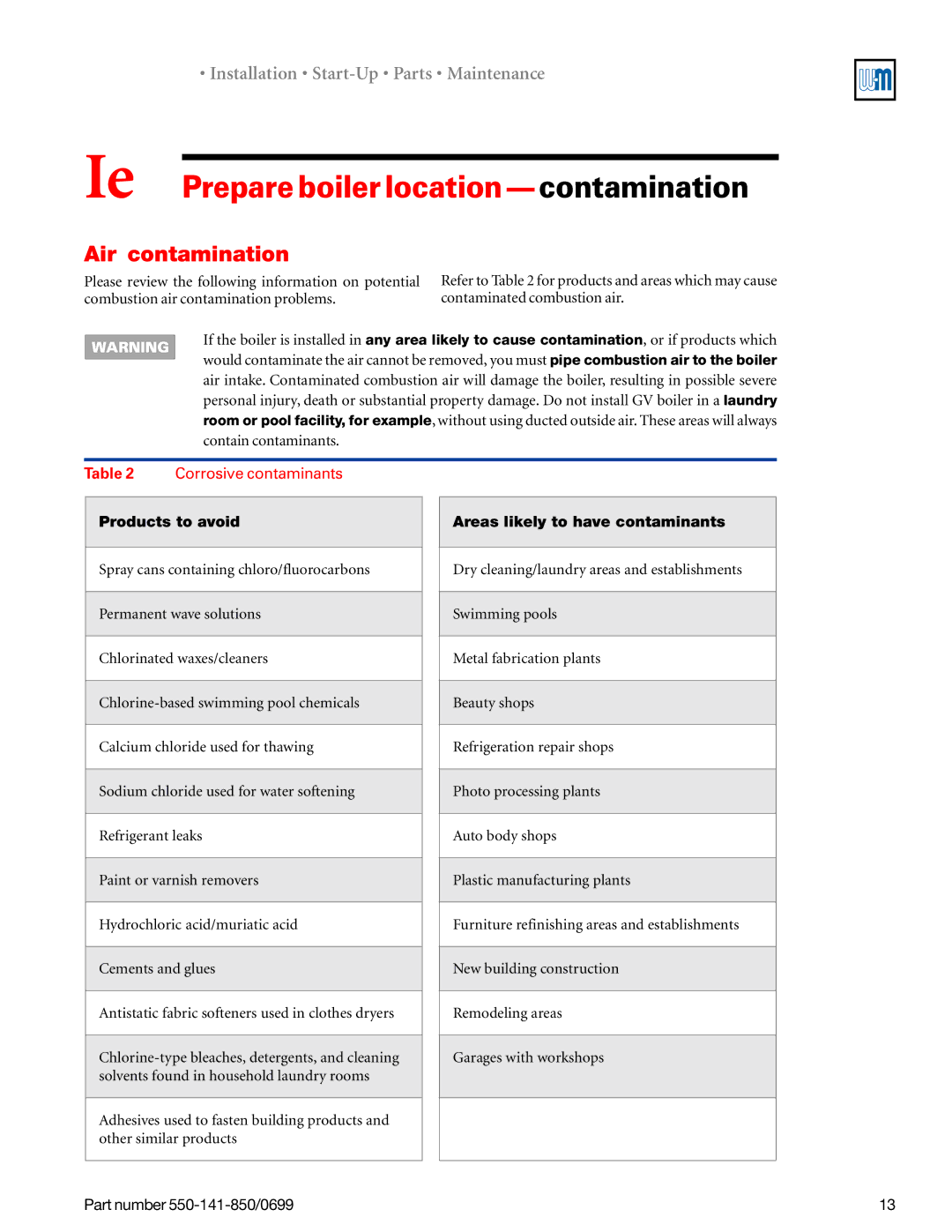 Weil-McLain 550-141-850/0599, GOLD DV WATER BOILER manual Ie Prepare boiler location contamination, Air contamination 