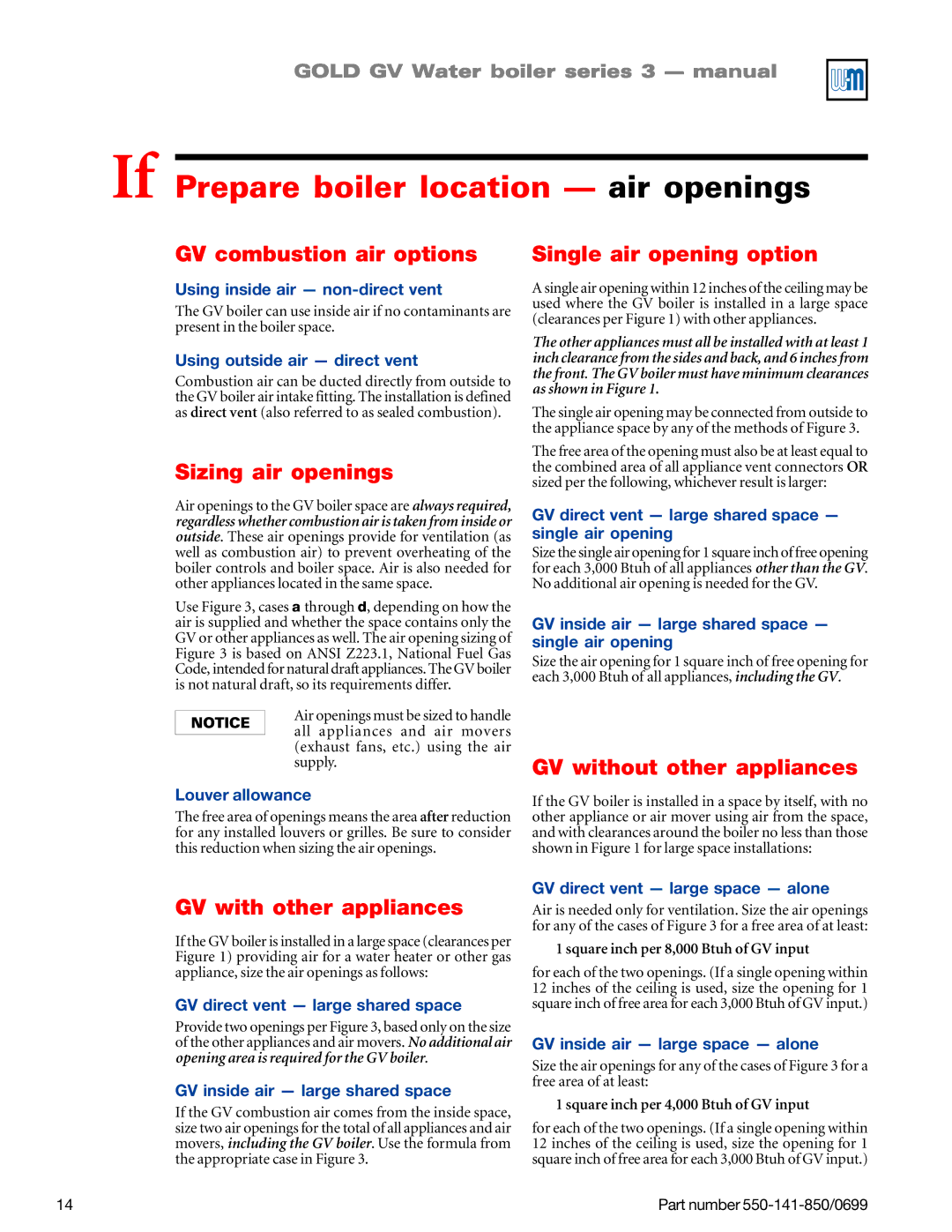 Weil-McLain GOLD DV WATER BOILER, 550-141-850/0599 manual If Prepare boiler location air openings 