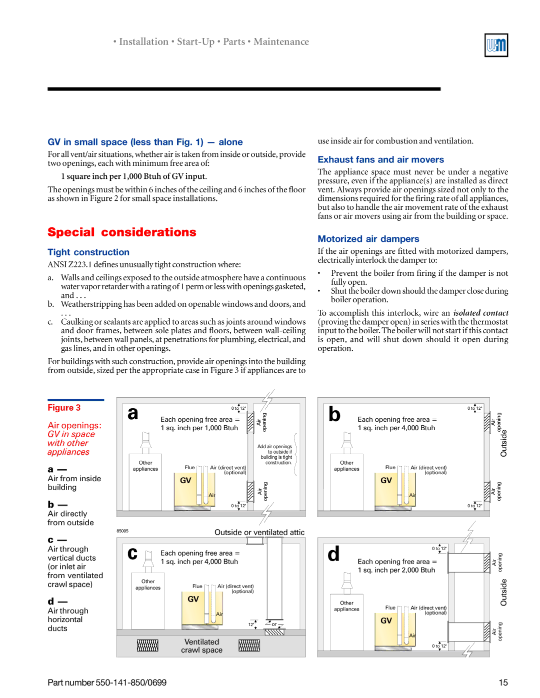 Weil-McLain 550-141-850/0599, GOLD DV WATER BOILER manual Special considerations, GV in small space less than alone 