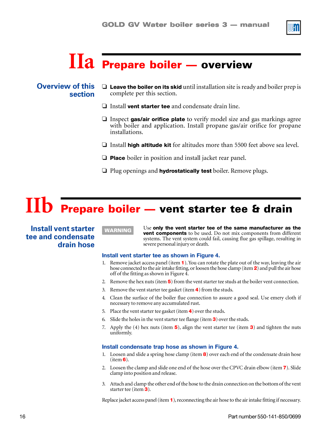 Weil-McLain GOLD DV WATER BOILER manual IIa Prepare boiler overview, IIb Prepare boiler vent starter tee & drain 