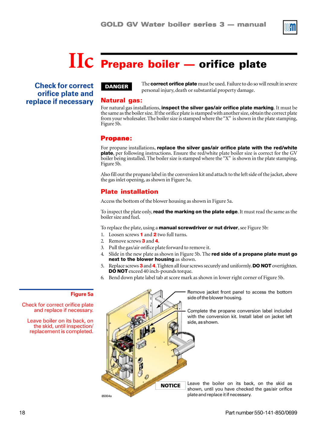 Weil-McLain GOLD DV WATER BOILER manual IIc Prepare boiler orifice plate, Natural gas, Propane, Plate installation 